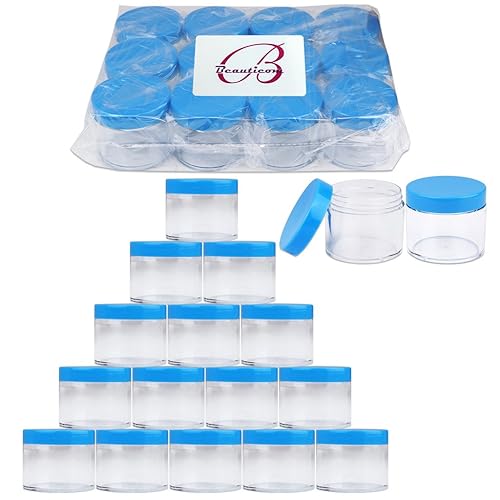 Beauticom 60 Grams/60 ML (2 Oz) Round Clear Leak Proof Plastic Container Jars with Blue Lids for Travel Storage Makeup Cosmetic Lotion Scrubs Creams Oils Salves Ointments (36 Jars)